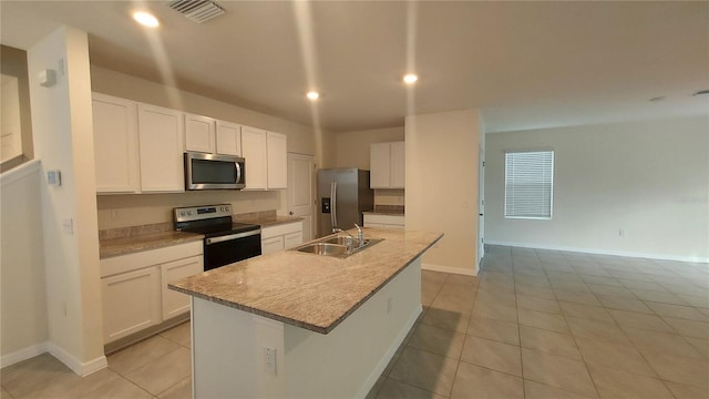 kitchen with visible vents, stainless steel appliances, white cabinetry, a sink, and recessed lighting