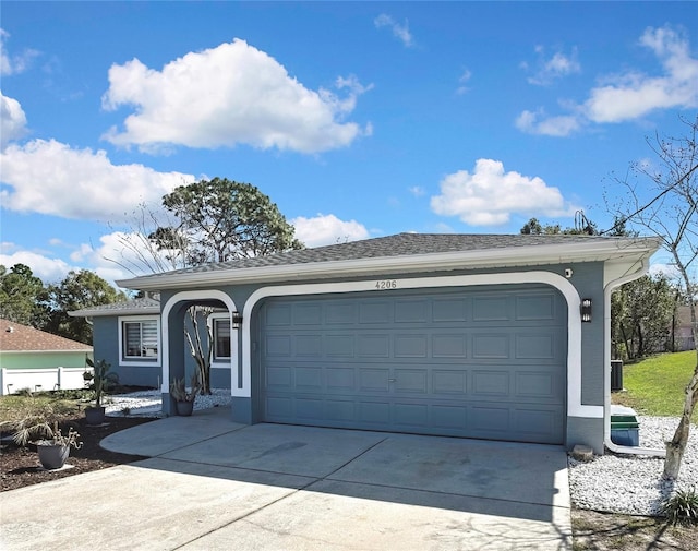 ranch-style house featuring driveway, an attached garage, and stucco siding