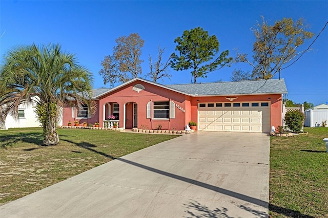 ranch-style house featuring a garage, driveway, a front yard, and stucco siding