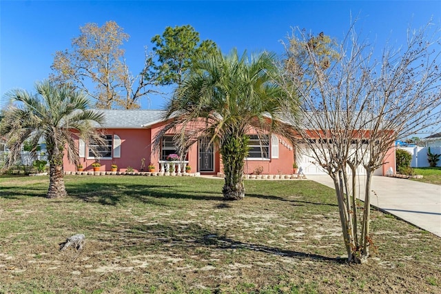 view of front facade featuring stucco siding, a garage, concrete driveway, and a front lawn