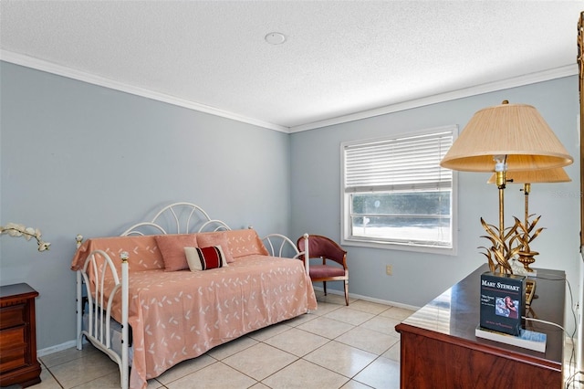 tiled bedroom with baseboards, a textured ceiling, and crown molding