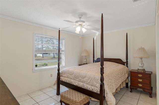 bedroom featuring light tile patterned floors, a textured ceiling, ceiling fan, and crown molding