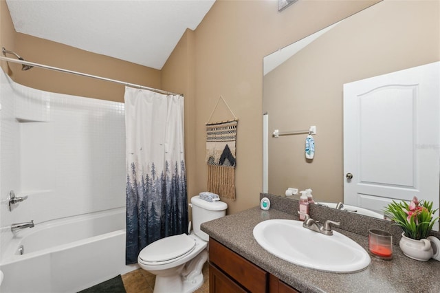 full bath featuring vanity, shower / tub combo, and toilet