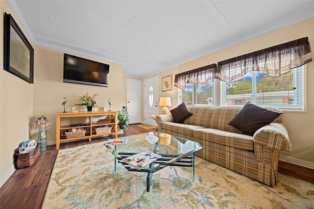 living room featuring ornamental molding, baseboards, and wood finished floors