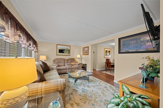 living room featuring wood finished floors, baseboards, and ornamental molding