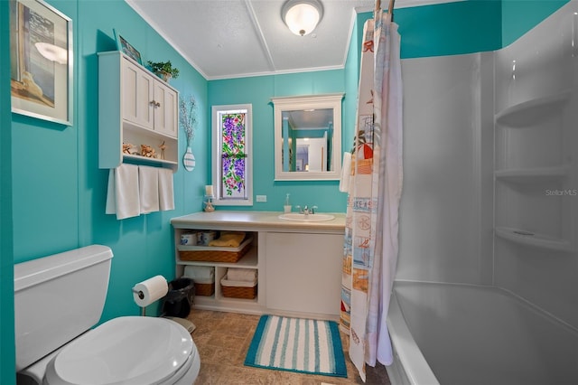 full bathroom with a textured ceiling, toilet, vanity, and shower / tub combo