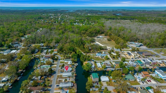 drone / aerial view featuring a forest view