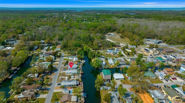 bird's eye view with a view of trees, a residential view, and a water view