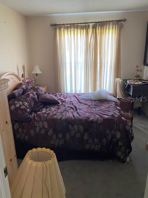 carpeted bedroom featuring multiple windows and a textured ceiling