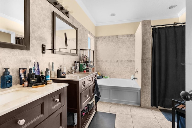 full bath with tile patterned floors, a garden tub, tile walls, and ornamental molding