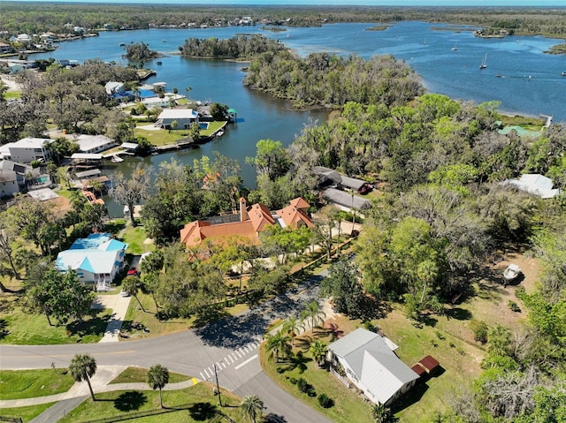 drone / aerial view with a water view