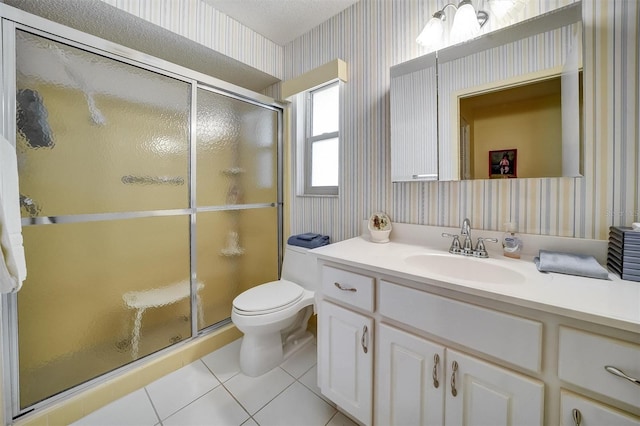 8420 Winding Wood Dr, Port Richey, FL 34668 - bathroom featuring toilet, wallpapered walls, a stall shower, and vanity