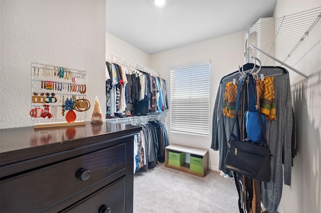 walk in closet with light carpet