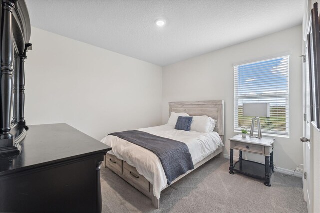 bedroom featuring a textured ceiling, carpet flooring, and baseboards