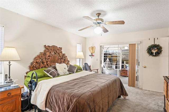 bedroom with light carpet, access to outside, a textured ceiling, and ceiling fan