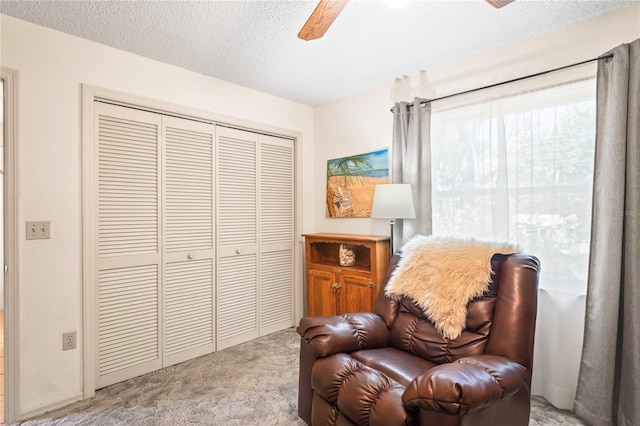 living area with carpet floors, a ceiling fan, and a textured ceiling