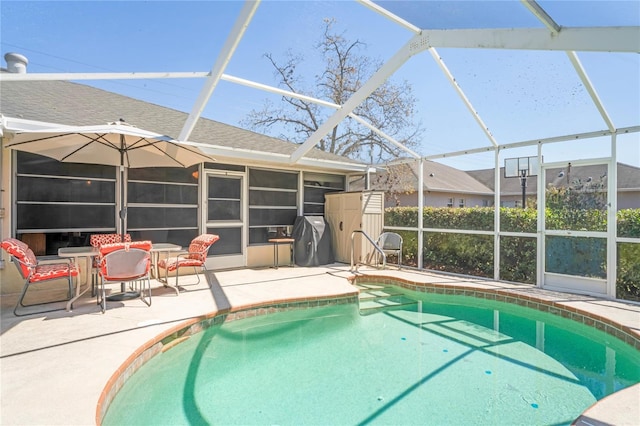 pool featuring a lanai, a patio area, and area for grilling