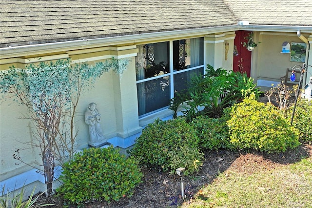 property entrance featuring a shingled roof