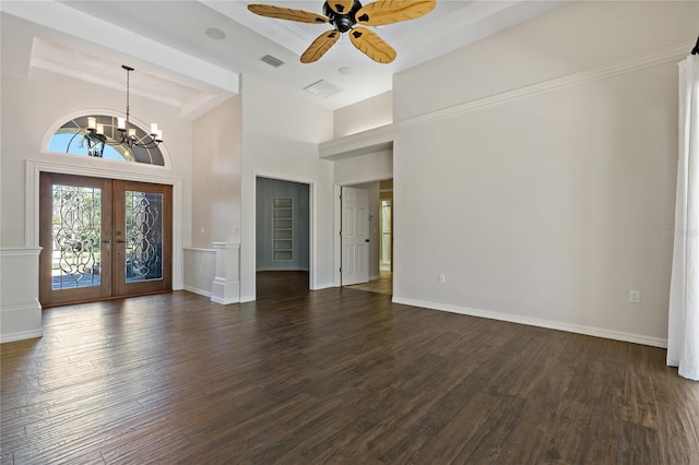 interior space featuring french doors, baseboards, dark wood-style floors, and a towering ceiling