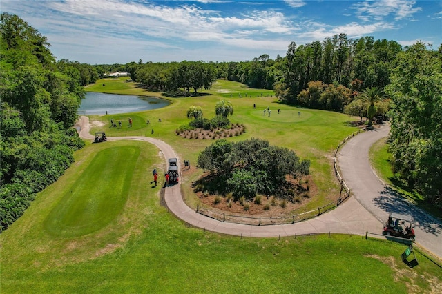 bird's eye view featuring golf course view and a water view