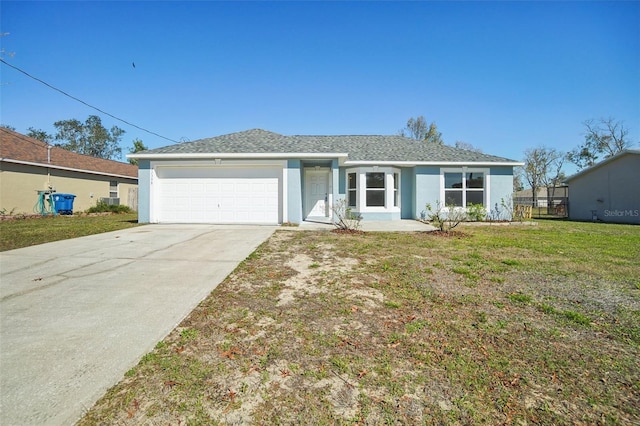 single story home with a garage, driveway, a front lawn, and stucco siding