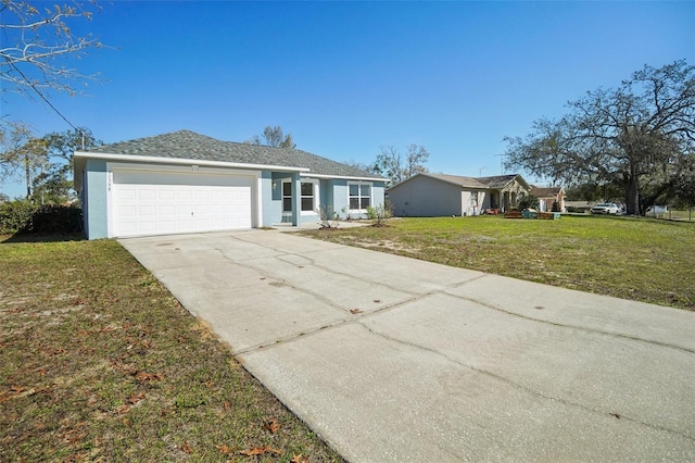 ranch-style home with a garage, a shingled roof, driveway, stucco siding, and a front lawn