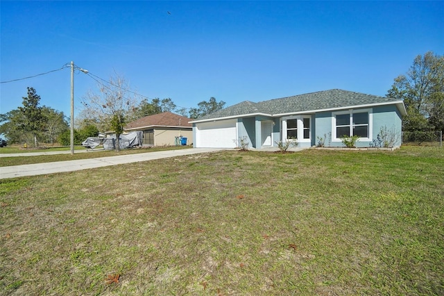 single story home with an attached garage, driveway, a front lawn, and stucco siding