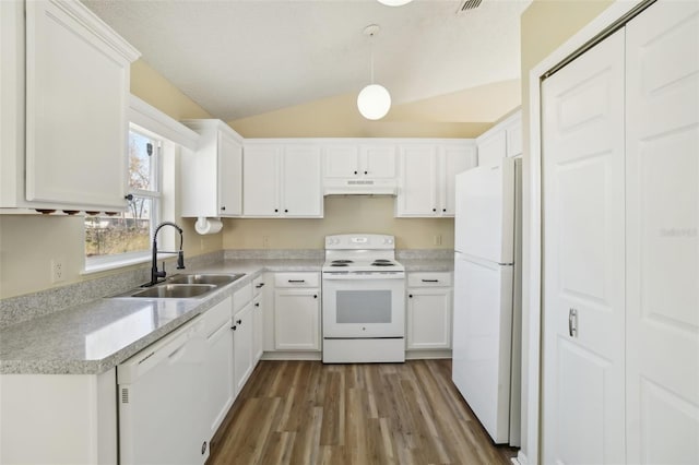 kitchen featuring white cabinets, vaulted ceiling, a sink, white appliances, and under cabinet range hood