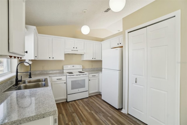 kitchen with lofted ceiling, under cabinet range hood, white appliances, dark wood-type flooring, and a sink