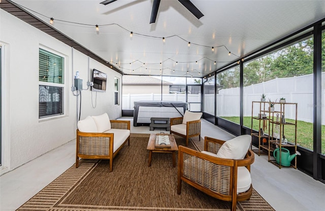 6482 Beverly Hills Dr, Zephyrhills, FL 33541 - sunroom with a jacuzzi, an outdoor living space, and a ceiling fan