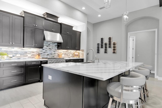 kitchen featuring under cabinet range hood, a sink, light stone countertops, tasteful backsplash, and an island with sink