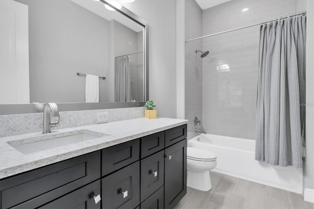 bathroom with toilet, vanity, and shower / bathtub combination with curtain