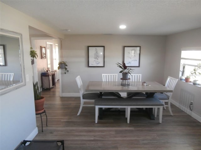 dining space with baseboards, a textured ceiling, and wood finished floors