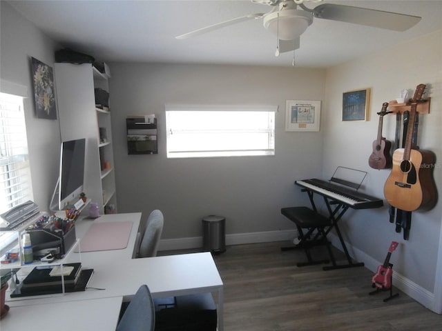 office area with ceiling fan, baseboards, and wood finished floors