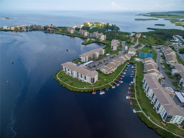 drone / aerial view featuring a water view