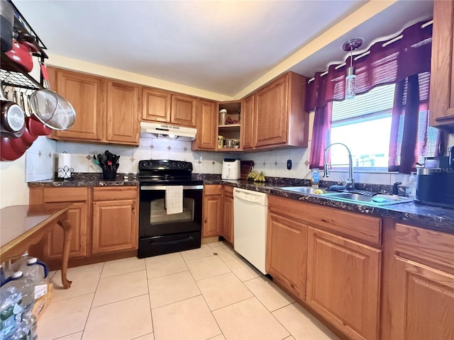 kitchen with black / electric stove, open shelves, a sink, under cabinet range hood, and dishwasher