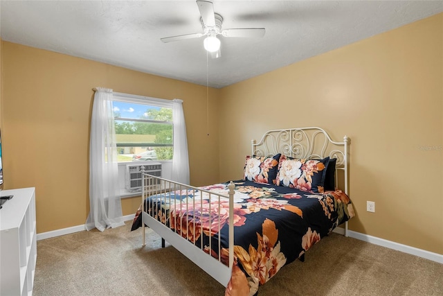 bedroom with light carpet, ceiling fan, and baseboards