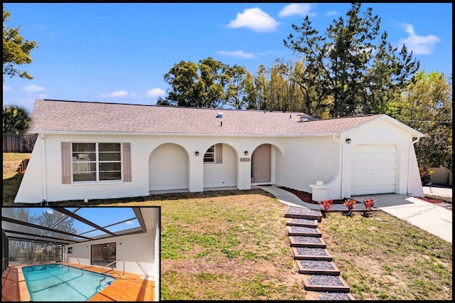 view of front of home with glass enclosure, concrete driveway, an attached garage, and stucco siding