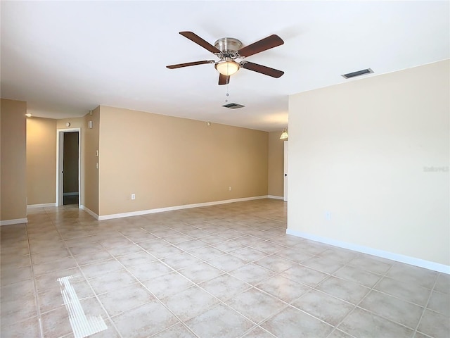 spare room featuring baseboards, visible vents, and a ceiling fan