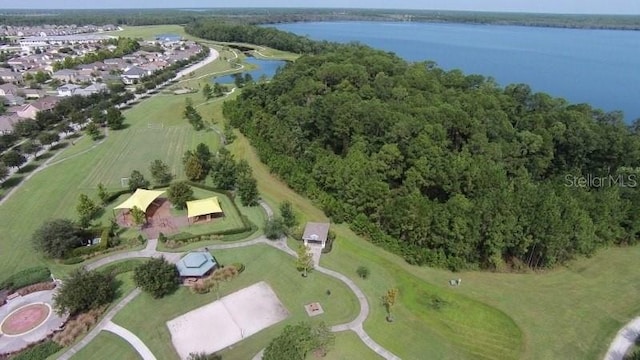 bird's eye view with a water view