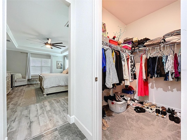 walk in closet with ceiling fan and a raised ceiling