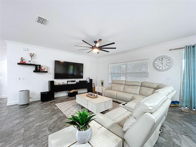 living room featuring crown molding, visible vents, and ceiling fan