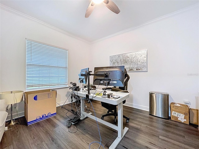 office space featuring baseboards, wood finished floors, and crown molding