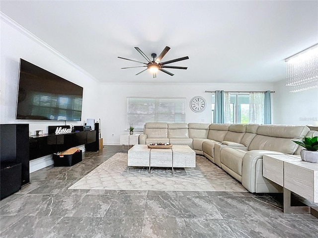 living area with baseboards, marble finish floor, a ceiling fan, and crown molding