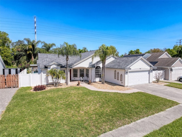 ranch-style house with fence, driveway, roof with shingles, a front lawn, and a garage