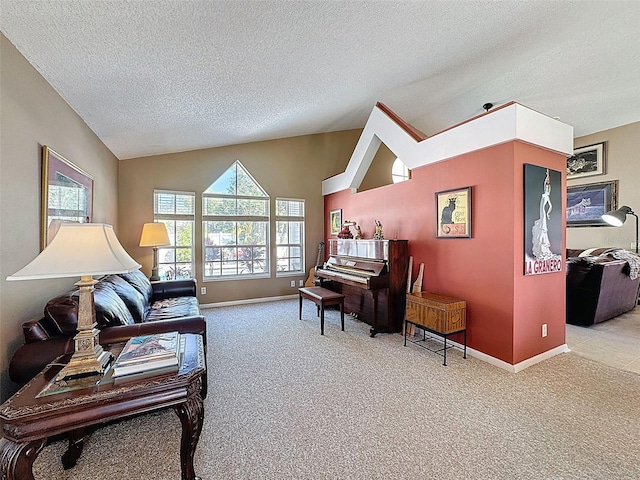 living area with a textured ceiling, baseboards, lofted ceiling, and carpet floors