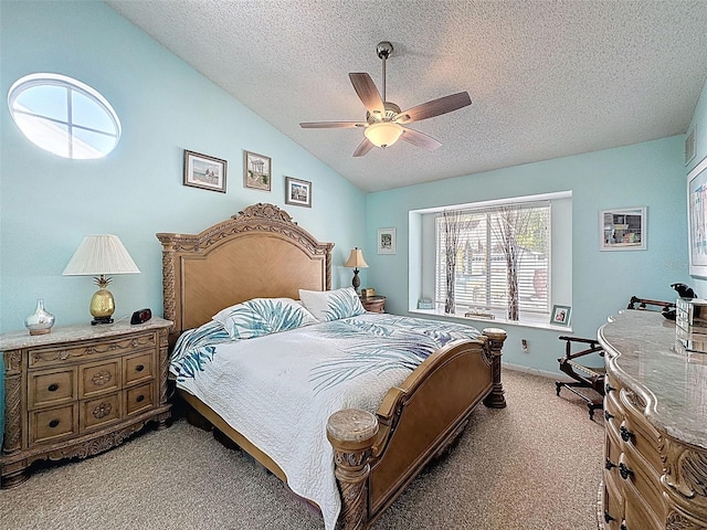 bedroom with baseboards, ceiling fan, light colored carpet, vaulted ceiling, and a textured ceiling