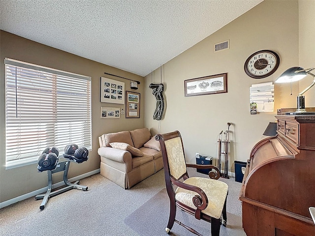 office area with visible vents, baseboards, carpet floors, vaulted ceiling, and a textured ceiling