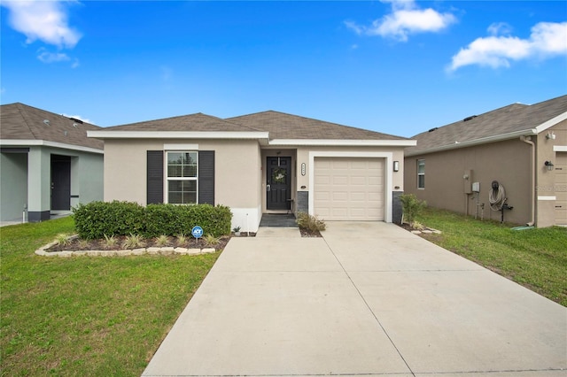 ranch-style home with a front yard, driveway, an attached garage, and stucco siding