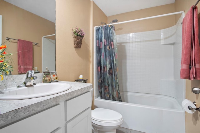 bathroom with shower / bath combination with curtain, vanity, toilet, and tile patterned floors